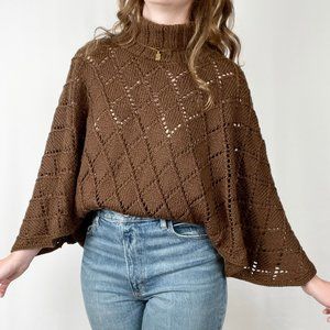 Vintage Handmade Oversized Poncho Cape Turtleneck Sweater Argyle Open Cable Knit